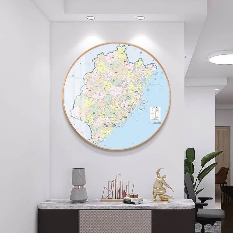 北京全国各省地图办公室书房玄关装饰画客厅餐厅背景墙画圆形挂画 福建省地图-QY-004894 镜面水晶画+60*60+金色铝合金画框