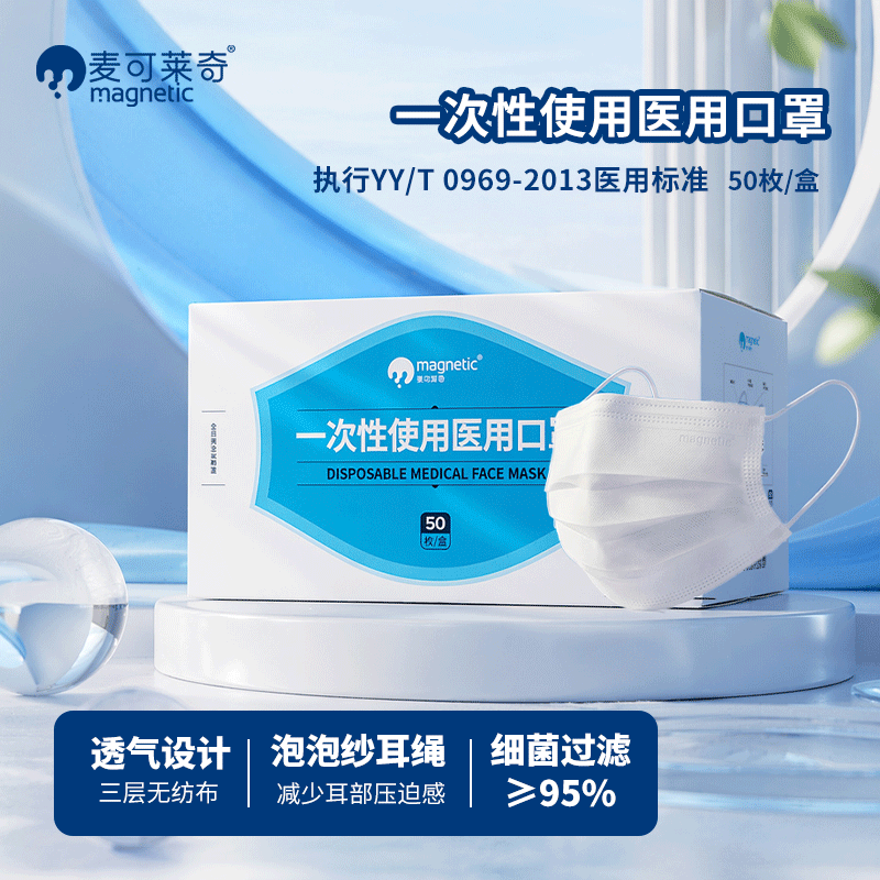 麦可莱奇一次性使用医用口罩三层过滤符合标准舒适亲肤泡泡纱耳绳符合国标 白色 50枚