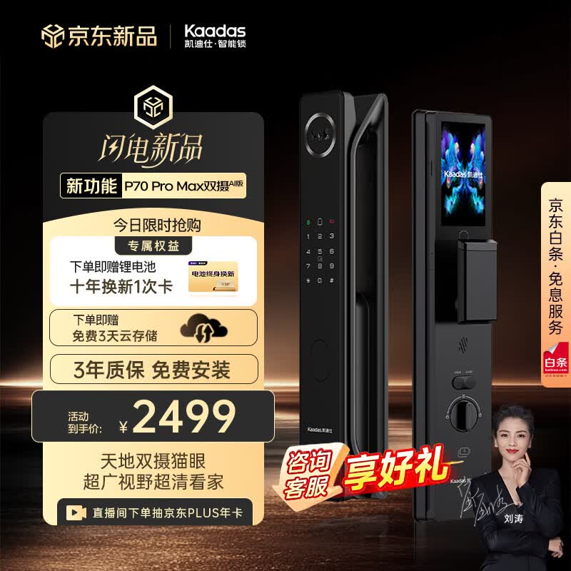 凯迪仕（KAADAS）智能门锁 人脸可视猫眼大屏双锂电 智能锁P70 Pro Max双摄AI版