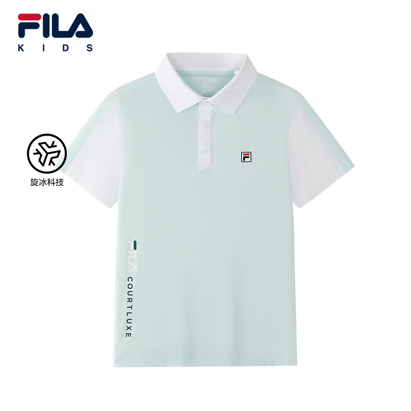 FILA斐乐童装男大童短袖POLO衫2026夏季款透气运动上衣 冰波蓝-BU 150