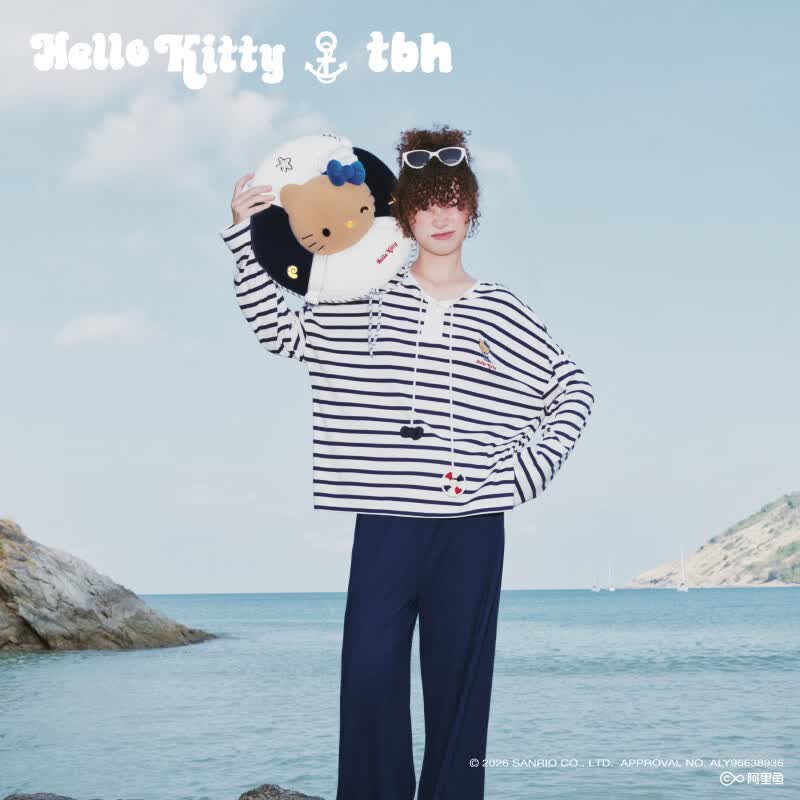 野兽派家居（tbh）三丽鸥Hello Kitty针织家居服套装26新款四季可外穿情侣睡衣女 Hello Kitty系带海魂衫长款套装 蓝白 M