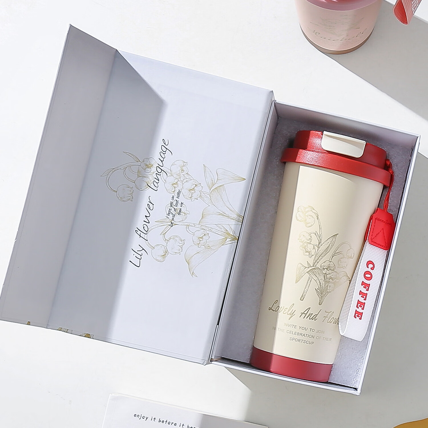亚创优品+铃兰花保温杯316不锈钢女生高颜值咖啡杯吸管杯学生水杯办公杯子 白色500ML