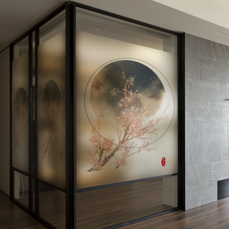 石斑鱼定制 中式古典花好月圆磨砂窗户玻璃贴纸透光不透明客厅隔断茶