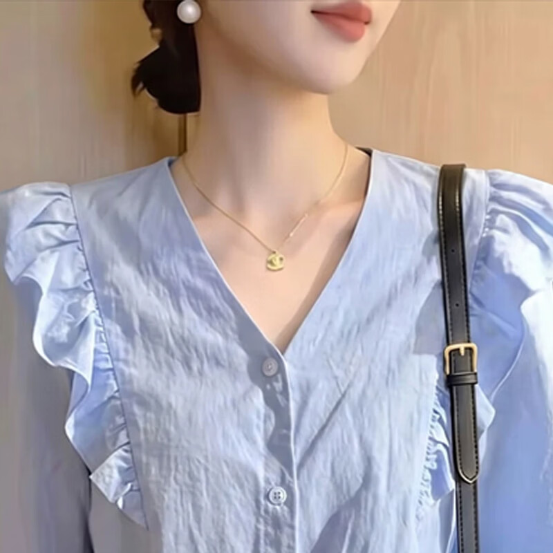 子牧棉麻2026秋装 女时尚百搭小衫法式小众宽松长袖衬衫上衣8579 蓝色 M (建议95-115斤)