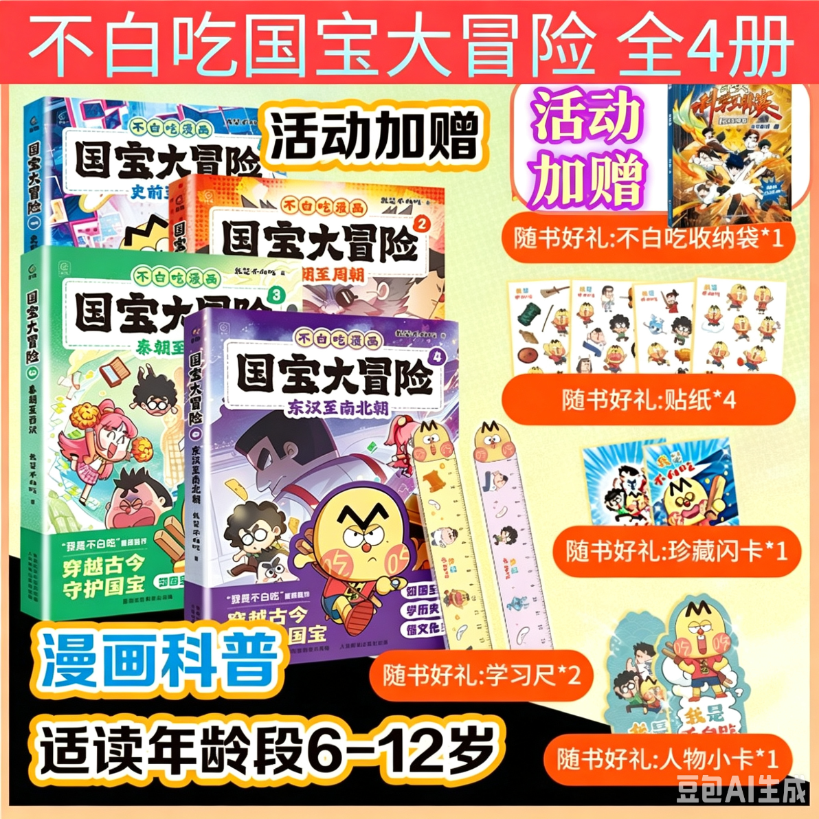  国宝大冒险全1-4册 国博漫游记古代中国有意思 秦朝至西汉东汉至南北朝 不白吃漫画 我是不白吃 不白吃漫画吃透中国史国宝档案冒险漫画 不白吃山海经古诗词漫游记同系列 中小学生语文历史启蒙课外阅读 新