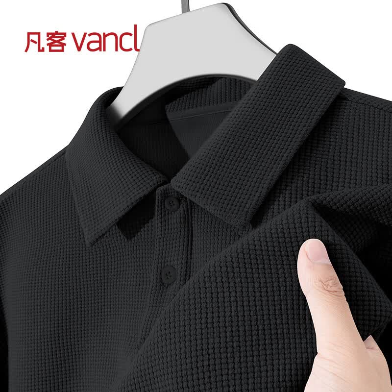 凡客诚品（VANCL）男士polo衫大码宽松翻领上衣夏款重磅华夫格休闲短袖t恤 黑色 L