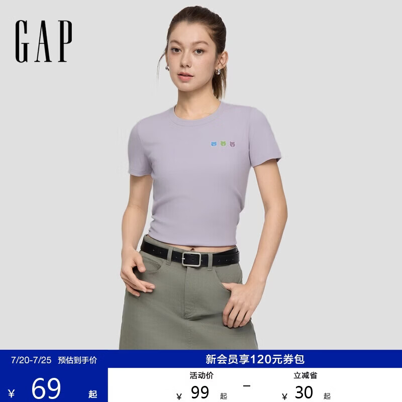 盖璞（GAP）女装2026春季新款彩色小熊刺绣针织短袖T恤休闲上衣858699