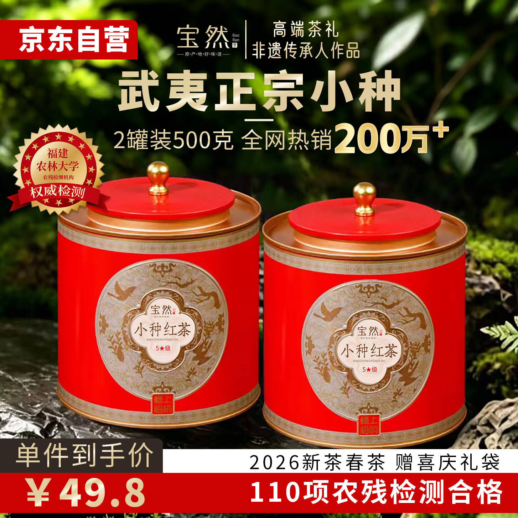 宝然正山原产小种红茶2026新茶蜜香型2罐共500g茶叶礼盒中秋节 送教师