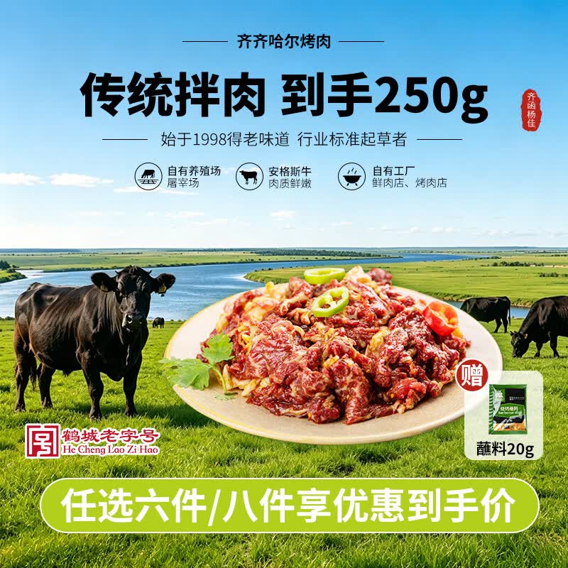 齐函杨佳齐齐哈尔烤肉传统拌肉 250g 安格斯牛肉烧烤食材半成品  源头直发