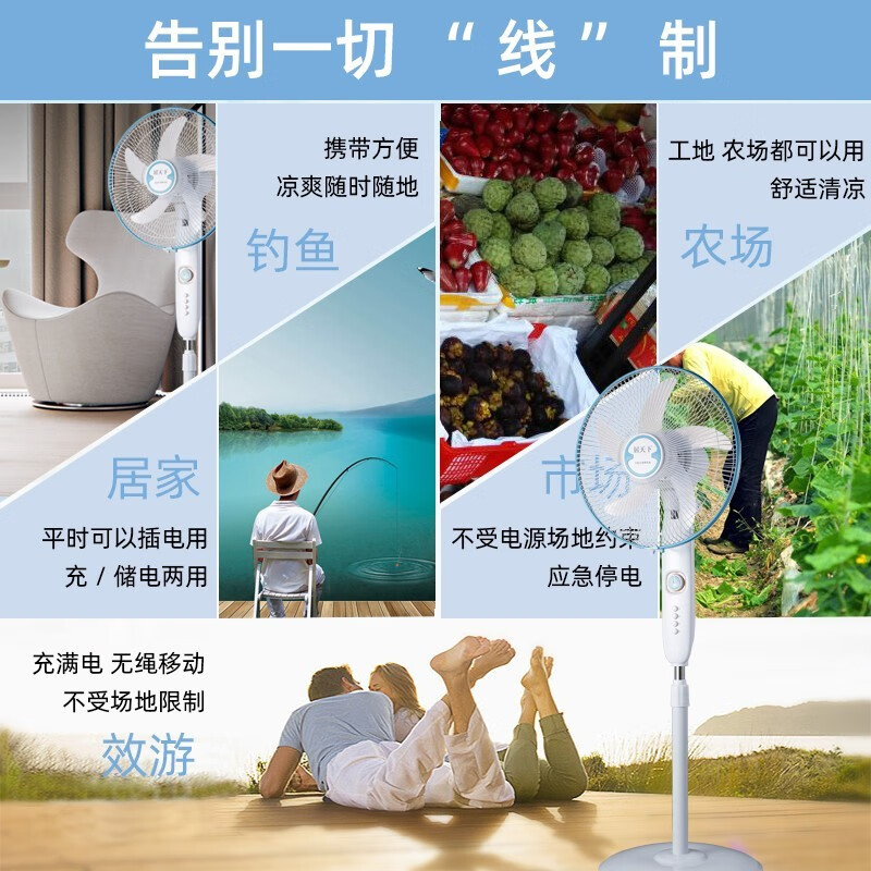 居天下电风扇充电式16寸家用落地扇大风力立式直流变频可移动电源户外蓄电池太阳能风扇 白色-按键款+太阳能板10米线长-超强续航