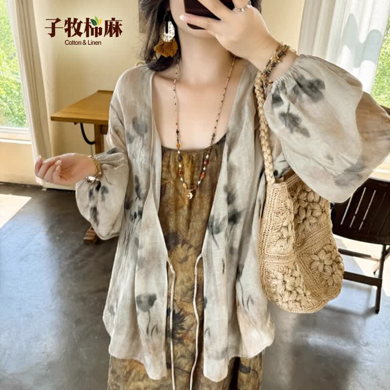 子牧棉麻2026夏装 女冰感轻盈艺术花色斜襟气质开衫百搭上衣2880 花色 M (建议95-115斤)