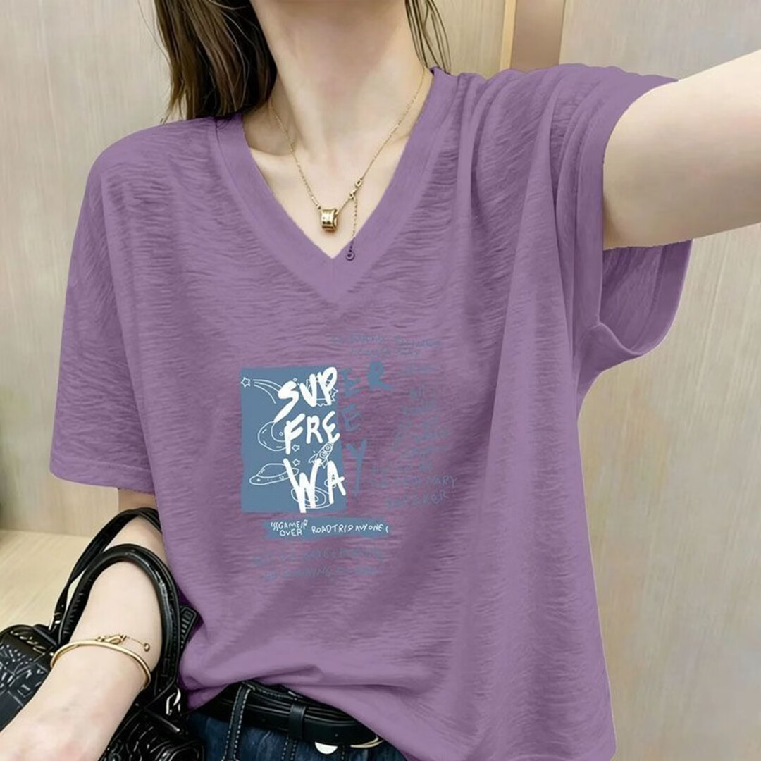 【专柜同款】夏季大码遮肉显瘦T恤微胖宽松V领短袖女透气上衣潮 紫色 2XL 建议125-140斤
