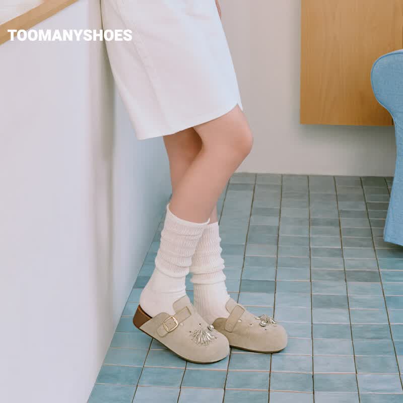 TOOMANYSHOES26秋新款仙女棒经典休闲厚底增高包头柔软勃肯拖鞋 米色 39
