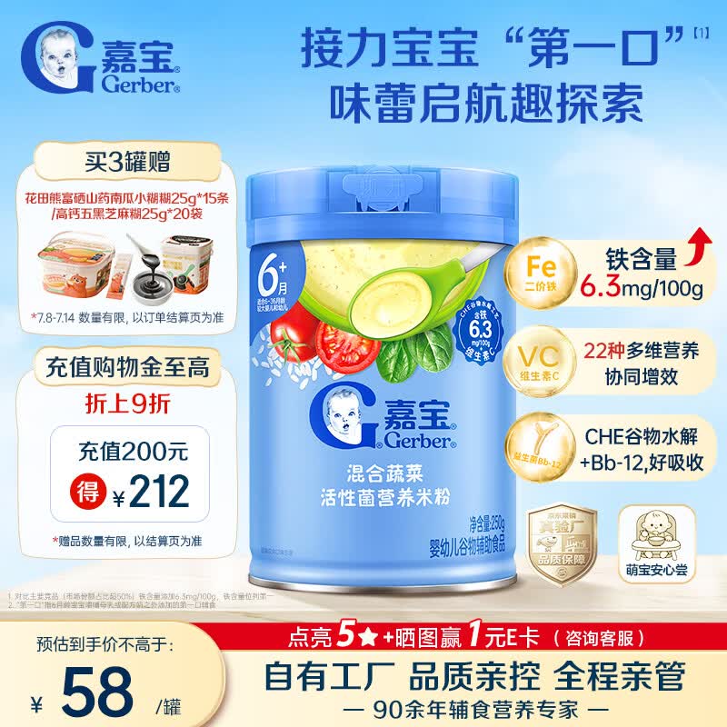嘉宝（GERBER）混合蔬菜营养谷物高铁米粉宝宝辅食米糊250g新老包装随机发货
