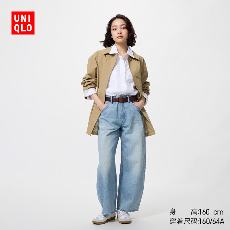 优衣库宽松廓形牛仔裤/偏短款女装男装/弯刀镰刀裤484808 488701 484808/64湖蓝色(做旧设计) 25 /160/64A