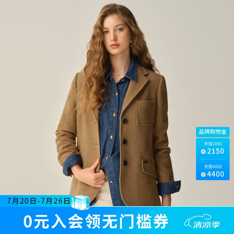 ELAND【100%绵羊毛】衣恋西装女时尚通勤人字呢外套新款 卡其色(35)Beige M /165