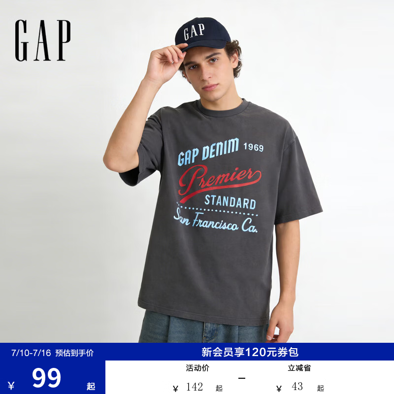 盖璞Gap男女装2026春季新款纯棉logo印花宽松圆领短袖T恤上衣866349 碳灰色 L (175/96A)亚洲尺码