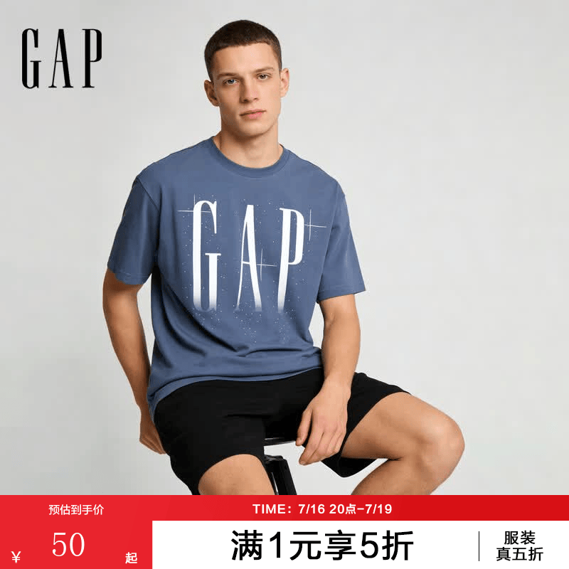 盖璞Gap男女装2026春季新款纯棉logo渐变印花宽松短袖T恤上衣866354 灰蓝色 M (170/92A) 亚洲尺码