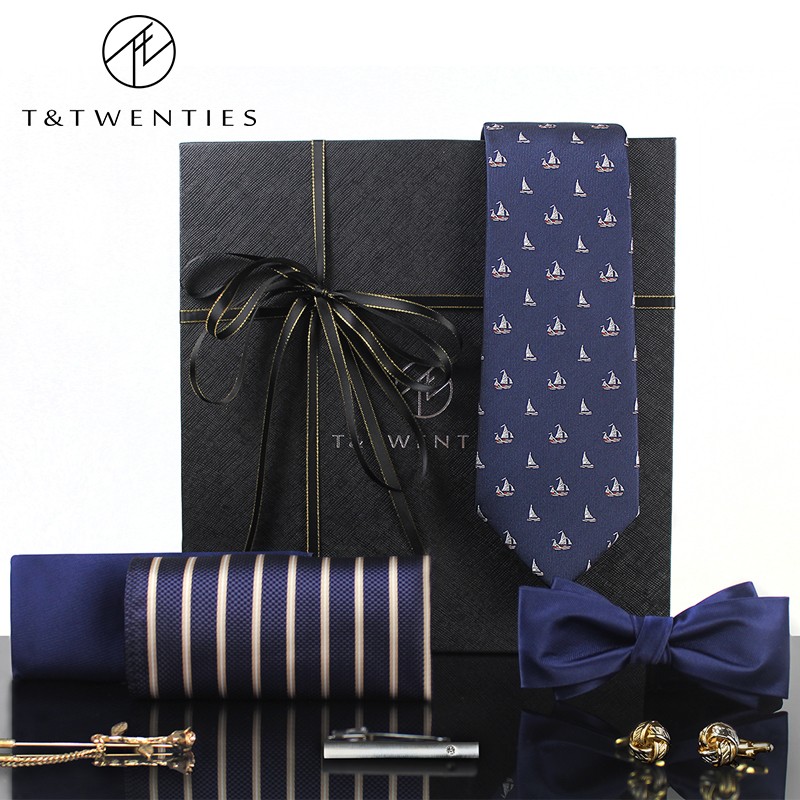 T&Twenties男士领带领结口袋巾领带夹袖扣胸针七件套礼盒商务礼物实用送朋友 S04# 一帆风顺