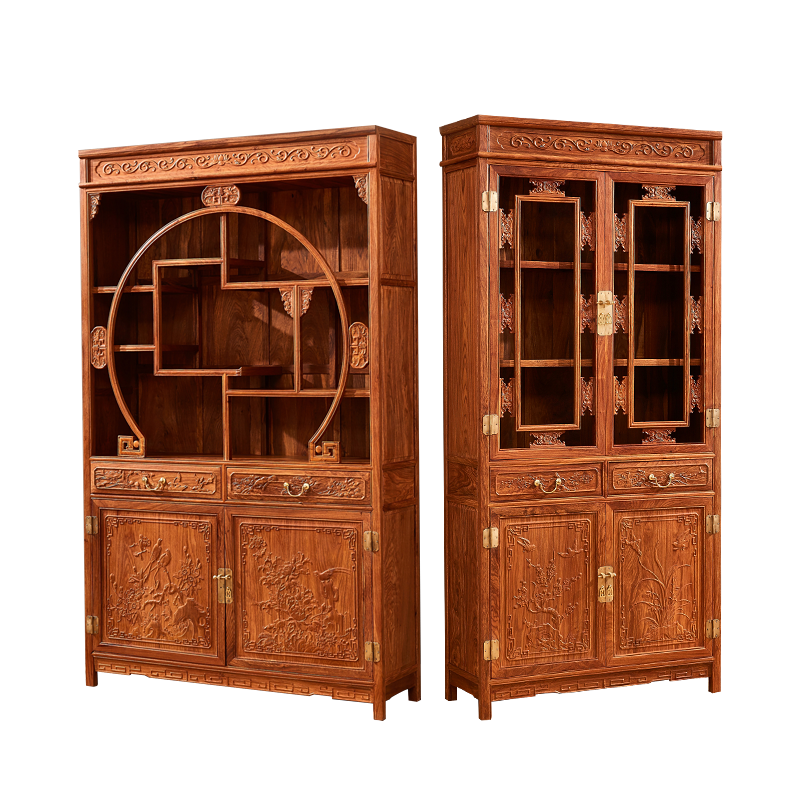 皇印 红木家具非洲花梨(学名:刺猬紫檀) 博古架书柜实木书架中式多宝阁收藏古董柜2513 三组合书柜