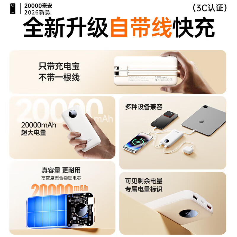 HUIWAEL【旗舰直营 华为】手机通用2026新国标3C认证66W快充20000毫安大容量充电宝可上飞机高铁小巧便携 白色【20000毫安丨自带双线丨顶配进口电芯】 新国标3C认证|可上飞机高铁