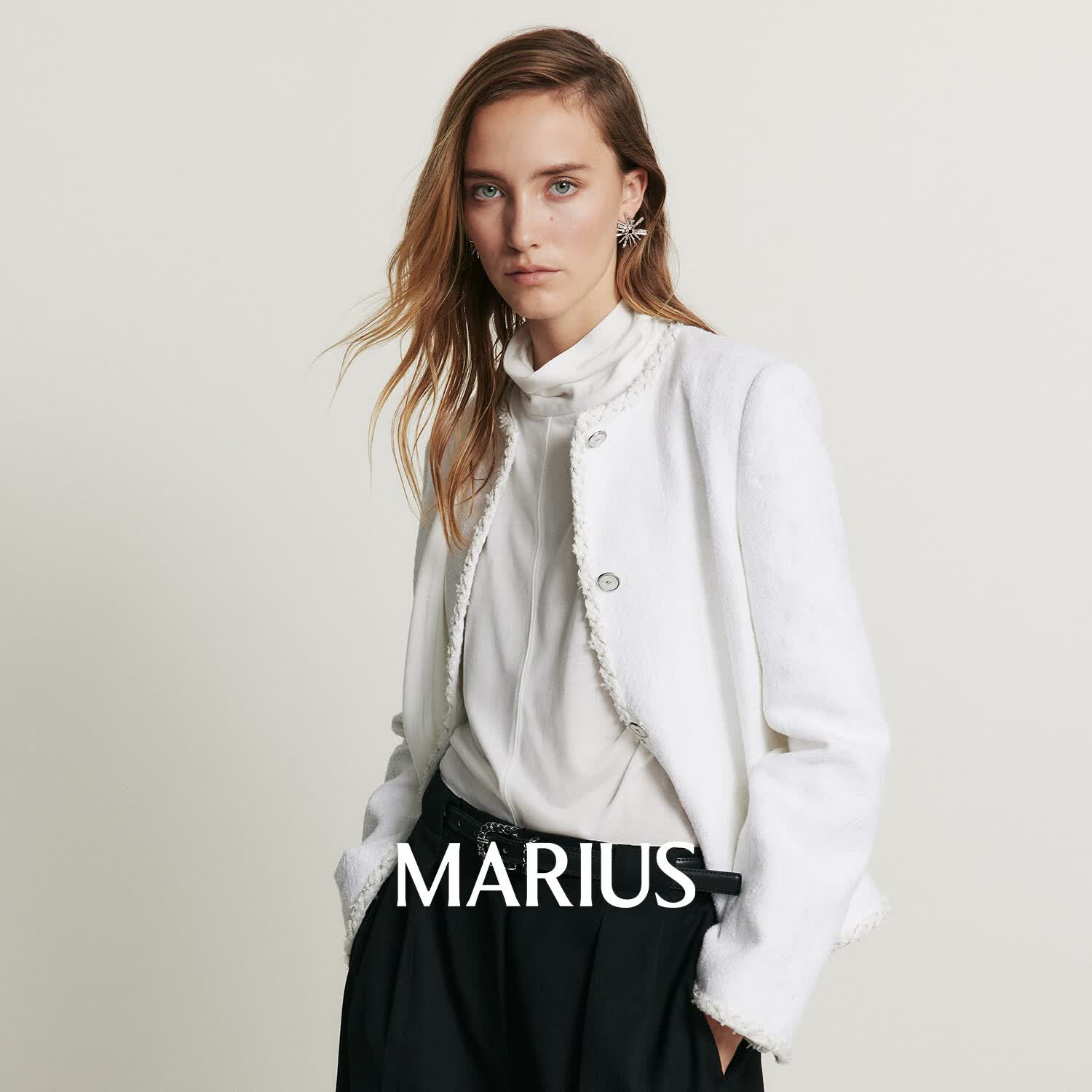 MARIUS | "白色恋人"提花小格纹粗花呢轻奢无领箱型小香风外套 白色 M