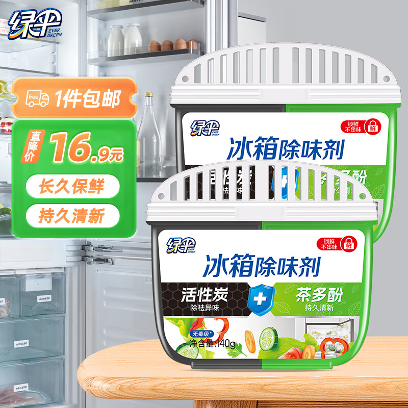 绿伞冰箱除味剂 活性炭冰箱除味 冰箱除臭剂 茶多酚 消臭除异味保鲜 140g*2盒