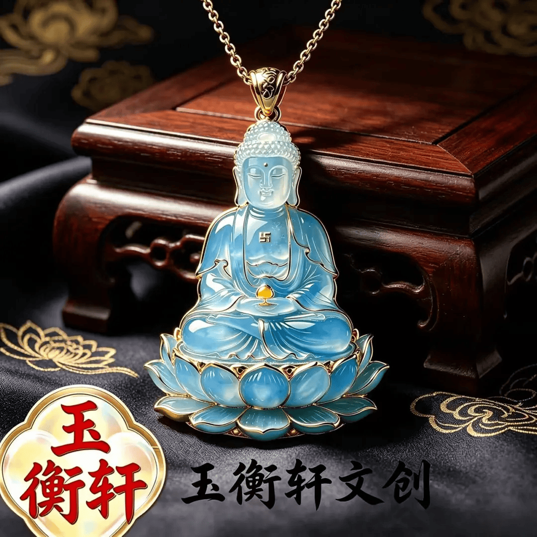 合金吊坠 蓝色观音菩萨吊坠项链女挂件金属浮雕饰品送朋友礼物 蓝色观音坐莲金边吊坠项链+精美礼盒