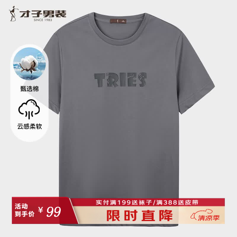 才子（TRIES）26年新款圆领短袖t恤男优质新疆棉感T弹力简约LOGO时尚男上衣 灰色 2XL 52(180/96A)