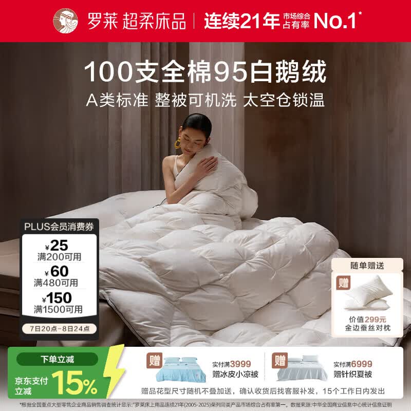 罗莱家纺 羽绒被子 A类95%水洗白鹅绒100支全棉立体防风工艺冬被芯