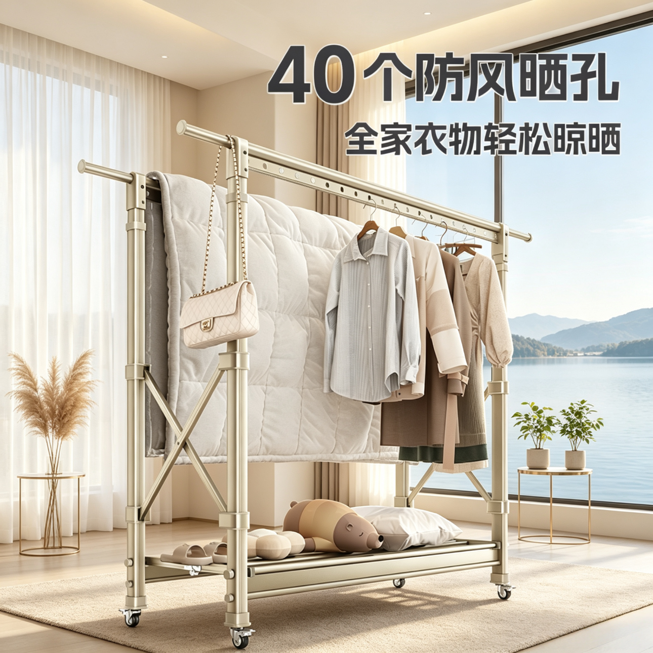 宾太晾衣架落地折叠阳台挂衣架铝合金落地架衣服架子 【香槟灰】1.5米-2.5米+双升降+铝合金鞋架+万向轮