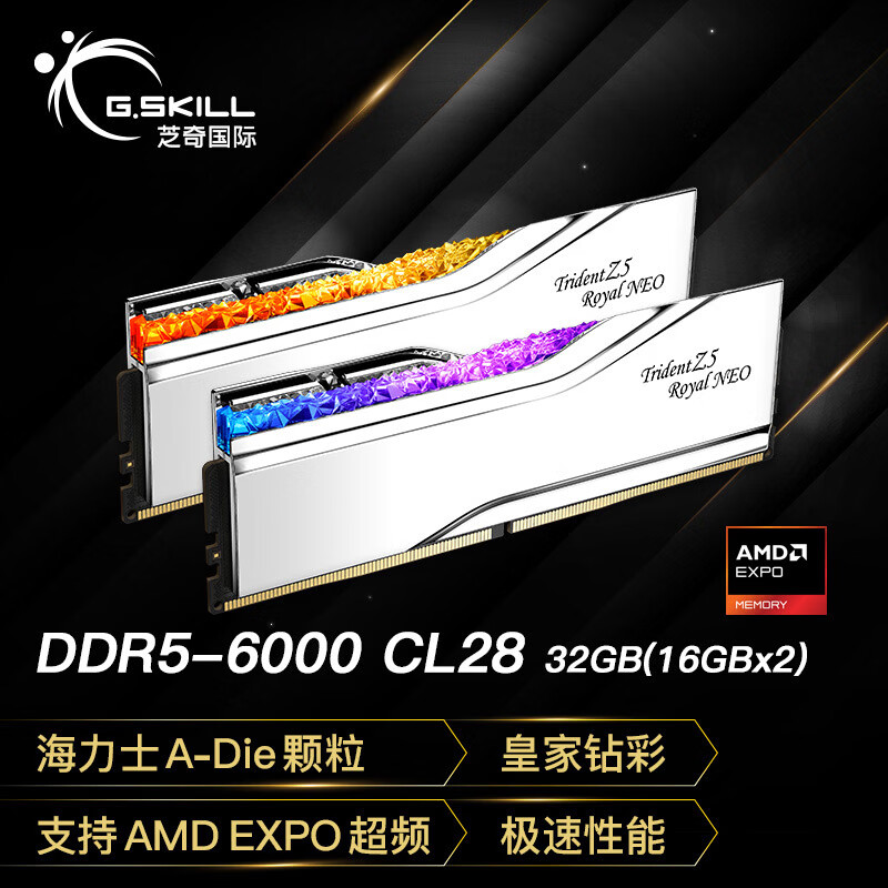 G.SKILL芝奇（G.SKILL）32GB(16Gx2)套装 DDR5 6000频率 台式机内存条-皇家戟EXPO版RGB灯条-银色/C28