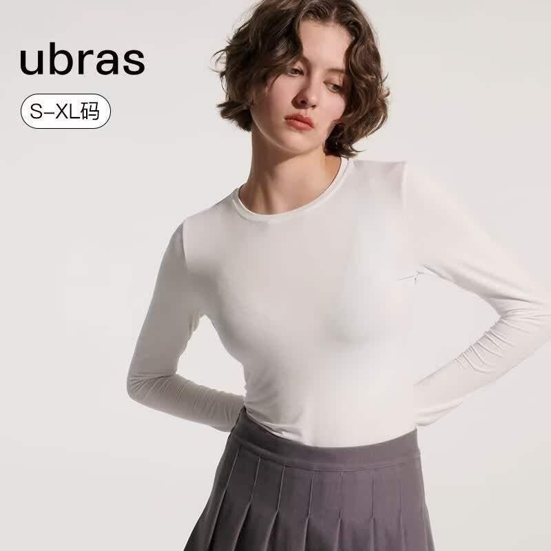 ubras小奶皮肌底衣修身打底上衣女打底衫秋衣内搭长袖圆领T恤 圆领-纯白色 M