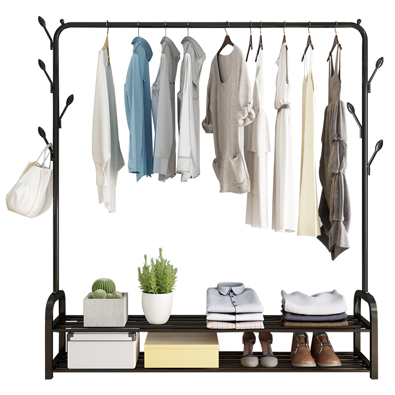 豪美佳 室内挂衣架落地单杆晾衣服架晒衣裳架家用简易晾衣杆卧室阳台客厅挂衣服收纳衣架子衣帽架带置物架 1.5米双层置物网-白