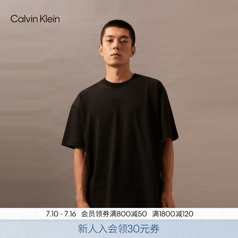 Calvin KleinJeans夏季男士潮流休闲ck图片印花纯棉落肩袖宽松重磅短袖T恤 BEH-太空黑 XS
