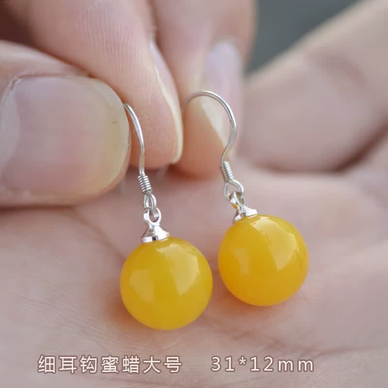 京滔蜜蜡耳饰圆珠耳坠鸡油黄蜜蜡耳环女银琥珀民族风转运珠老蜡耳饰血 新款耳钩蜜蜡大号12mm