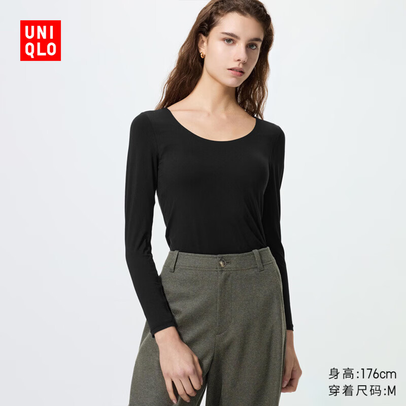 优衣库HEATTECH U领BraT恤/8分袖女装保暖衣秋衣内衣485850 09 黑色 M