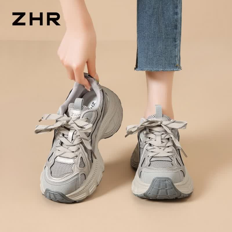 ZHR则则厚底老爹鞋女2026夏季新款复古增高网面透气运动鞋休闲鞋 灰色 38