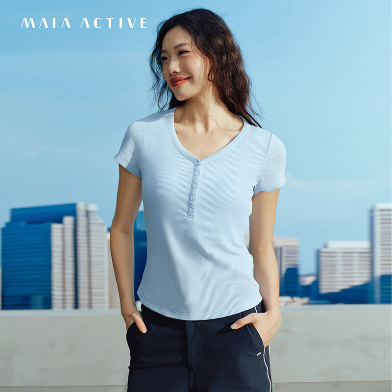 MAIA ACTIVE华夫格肌理V领修身短袖TEE日常休闲运动T恤瑜伽上衣 63TS13 雾粉蓝 M