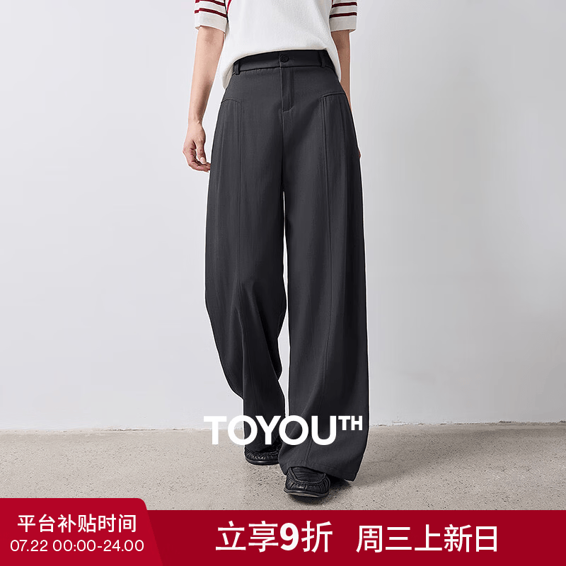 初语肌理阔腿裤女2026夏季新款立体打褶设计感遮胯宽松休闲长裤 深灰 M