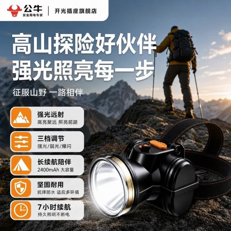 公牛充电头灯7小时长续航三档调光家用维修户外照明工地巡逻矿灯 【登山款】三档调节/2400mAh防摔/7小时续航