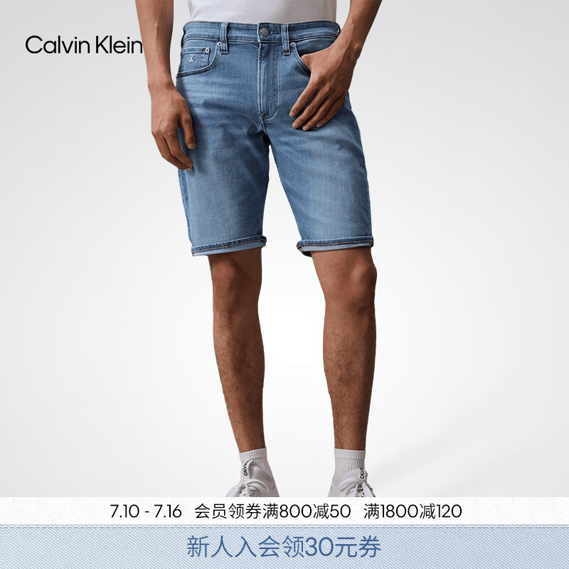 Calvin KleinJeans夏季男士经典标牌ck浅蓝色洗水微弹潮流美式休闲牛仔短裤 1AA-牛仔浅蓝 32
