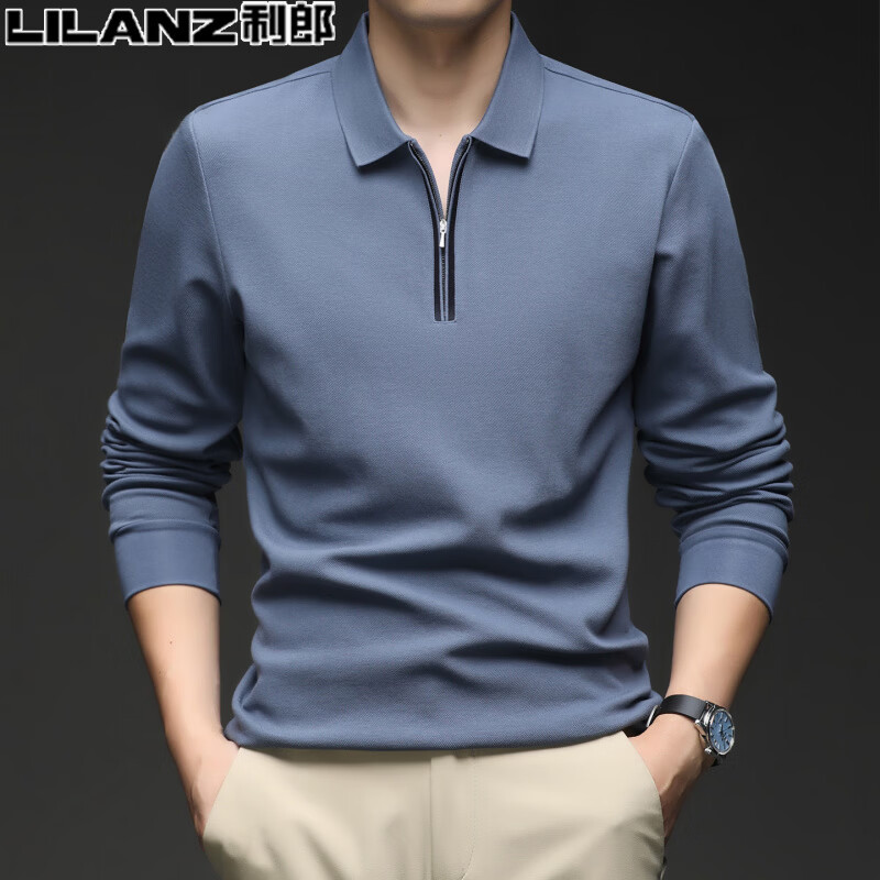 利郎(LILANZ)男装长袖T恤2026春秋新款中青年半拉炼丝光棉纯色翻领polo衫 藏青色 4XL 195