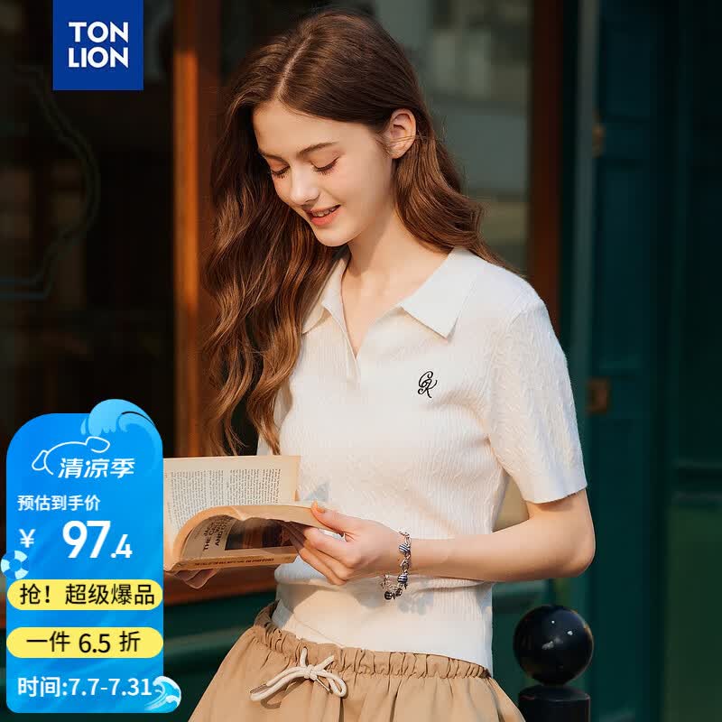 唐狮（TonLion）2026夏季新款针织衫女POLO领毛线衣v领米白色休闲风宽松时尚