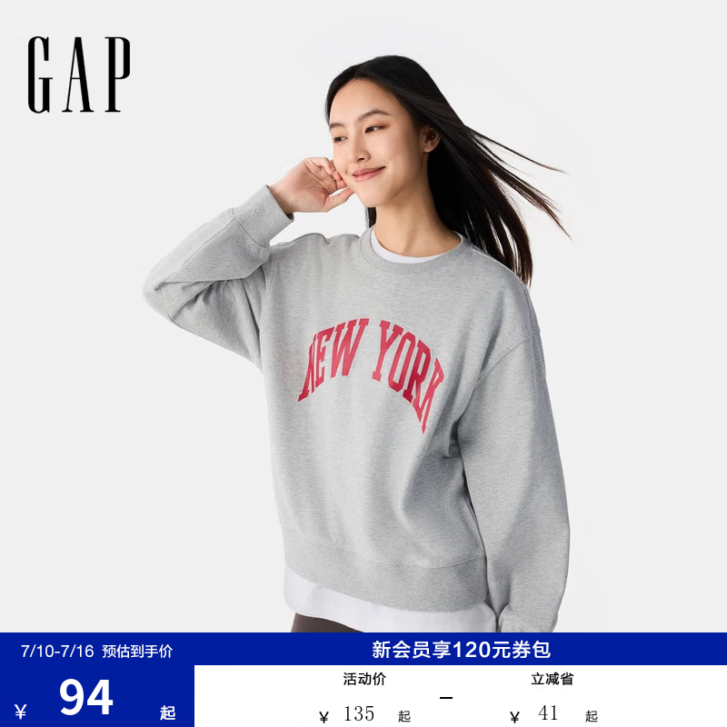 GAP女装春季款印花logo圆领卫衣宽松基础款休闲上衣725769 浅灰色 L (170/88A)亚洲尺码