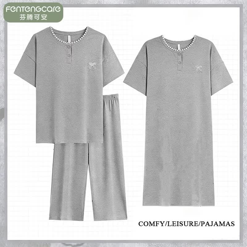 芬腾可安睡衣女夏季三件套短袖七分裤套装加大码睡裙家居服套装 M38136 L