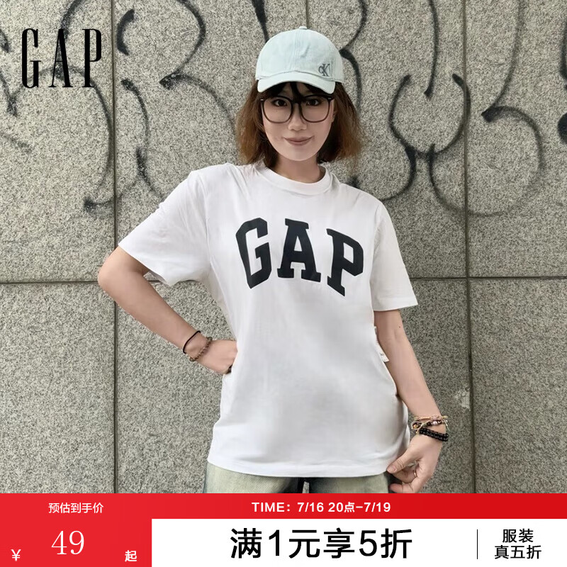 GAP男女装纯棉印花logo圆领修身短袖T恤美版856659 白色 L 美码 XL亚洲码185/104A 【偏小，建议选大一码】