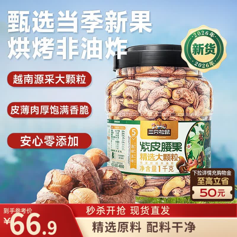 三只松鼠罐装紫皮腰果1000g越南大颗粒每日坚果炒货干果零食团购送礼
