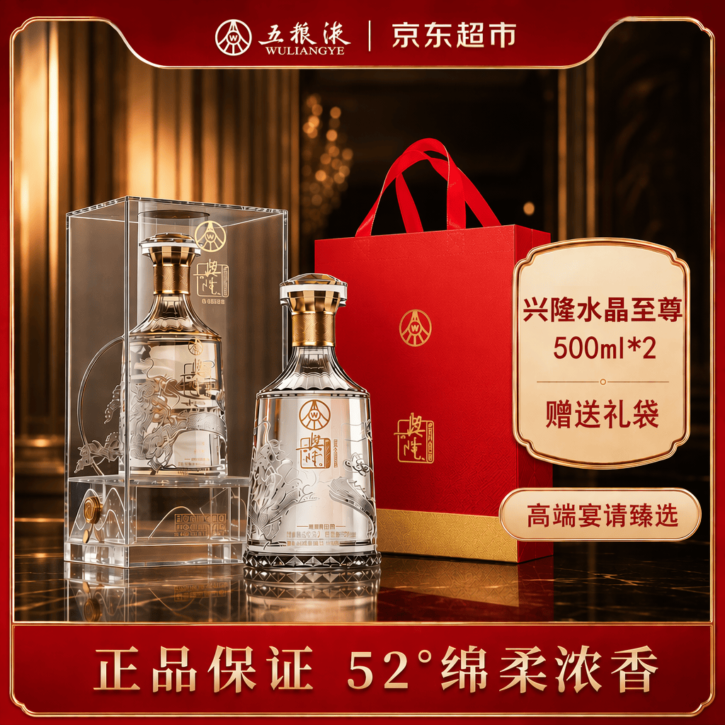 五粮液（WULIANGYE）五粮液股份出品 兴隆水晶至尊 浓香型白酒52度500ml*2瓶 宴请送礼