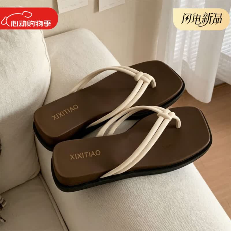 细细条（XIXITIAO）复古拼色夹脚方头凉拖女海边外穿防滑夏坡跟人字拖百搭款 白色复古拼色【经典百搭】 34-35 【标准码】